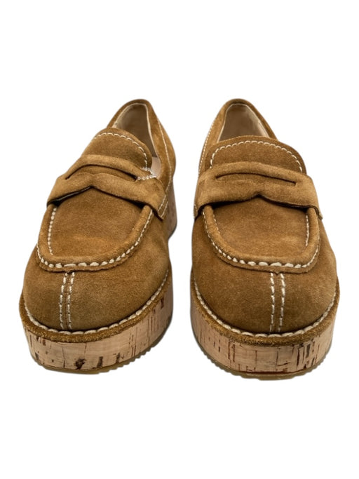 Prada Shoe Size 37 Caramel Brown Suede & Cork Contrast Stitch Cork Wedge Loafers Caramel Brown / 37