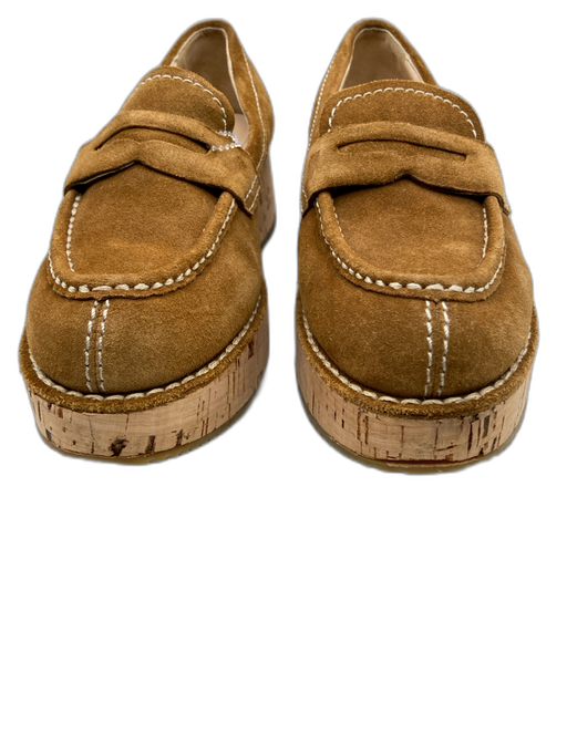 Prada Shoe Size 37 Caramel Brown Suede & Cork Contrast Stitch Cork Wedge Loafers Caramel Brown / 37
