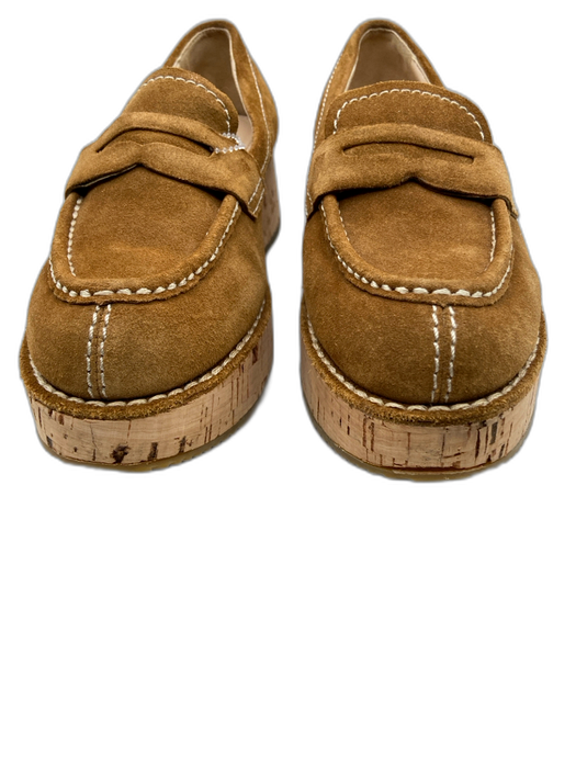 Prada Shoe Size 37 Caramel Brown Suede & Cork Contrast Stitch Cork Wedge Loafers Caramel Brown / 37