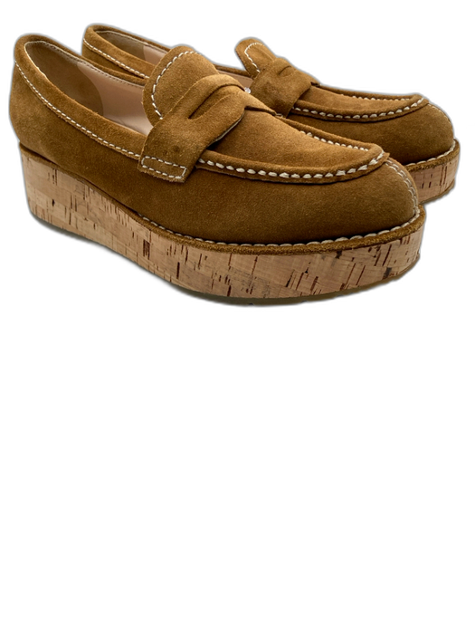 Prada Shoe Size 37 Caramel Brown Suede & Cork Contrast Stitch Cork Wedge Loafers Caramel Brown / 37