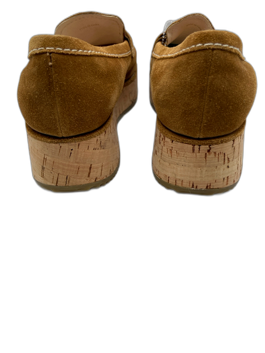 Prada Shoe Size 37 Caramel Brown Suede & Cork Contrast Stitch Cork Wedge Loafers Caramel Brown / 37