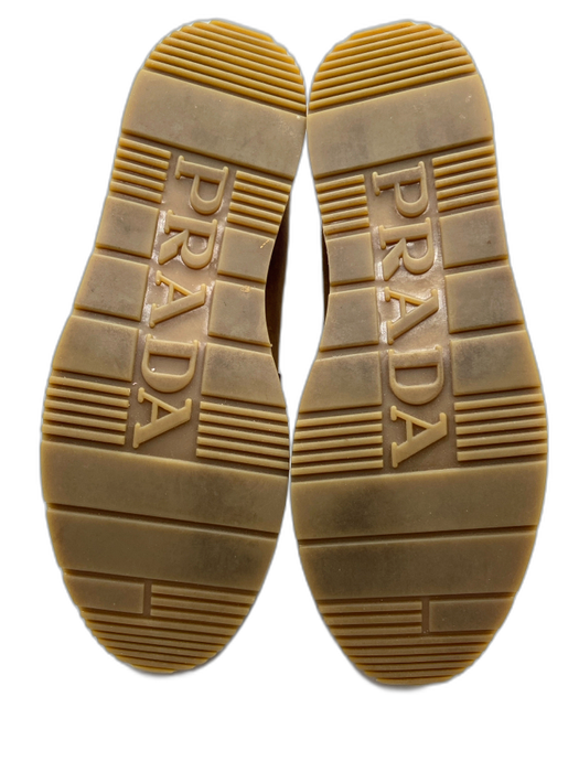 Prada Shoe Size 37 Caramel Brown Suede & Cork Contrast Stitch Cork Wedge Loafers Caramel Brown / 37