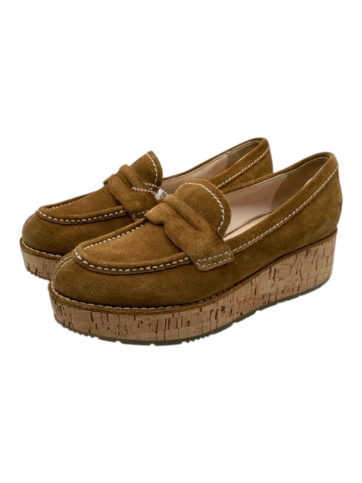Prada Shoe Size 37 Caramel Brown Suede & Cork Contrast Stitch Cork Wedge Loafers Caramel Brown / 37