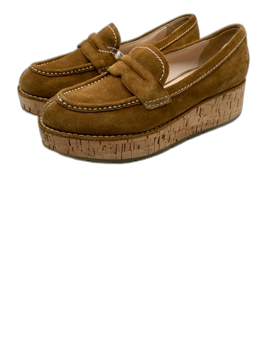 Prada Shoe Size 37 Caramel Brown Suede & Cork Contrast Stitch Cork Wedge Loafers Caramel Brown / 37
