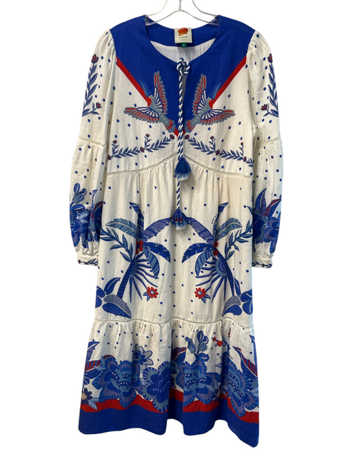 Farm Rio Size M Blue, White & Red Viscose Round Neck Ankle Length Dress Blue, White & Red / M
