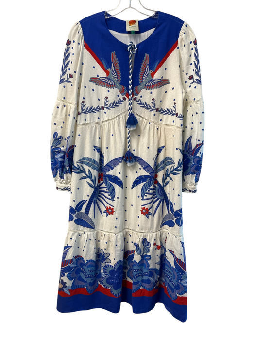 Farm Rio Size M Blue, White & Red Viscose Round Neck Ankle Length Dress Blue, White & Red / M