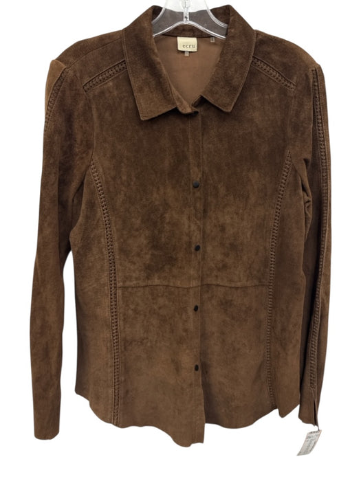 Ecru Size L Dark Brown Leather Button Front Long Sleeve Braid Detail Suede Top Dark Brown / L
