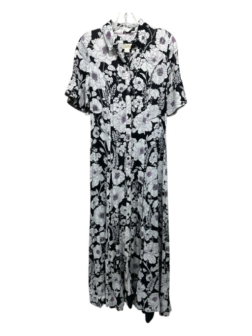 Maeve Size S Black, White, Pink Viscose Button Down Floral Collared Dress Black, White, Pink / S