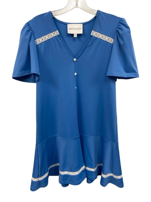 Smith & Quinn Size Small Blue & White Polyester Blend Short Puff Sleeve Dress Blue & White / Small