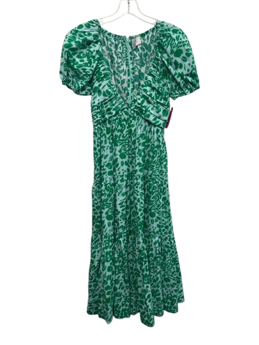 La Ligne Size S Green & Light Blue Cotton Abstract Print Short Puff Sleeve Dress Green & Light Blue / S