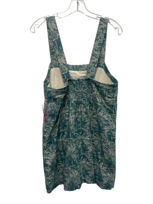 Faherty Size M Teal Blue & Cream White Linen Palm Fronds Print Sleeveless Dress Teal Blue & Cream White / M
