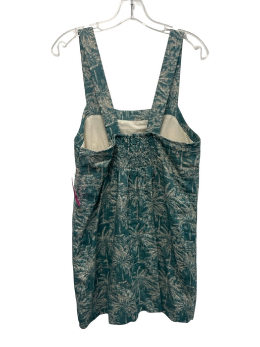 Faherty Size M Teal Blue & Cream White Linen Palm Fronds Print Sleeveless Dress Teal Blue & Cream White / M