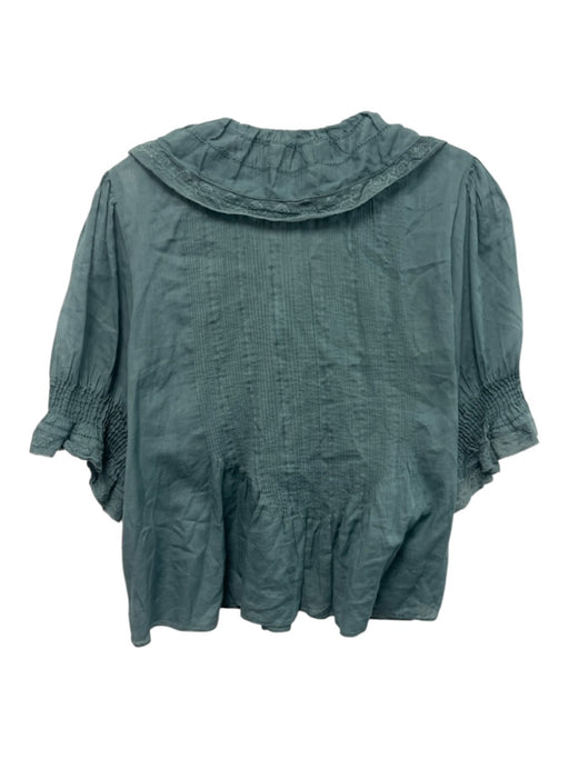 Doen Size S Slate Teal Green Cotton Pintuck Pleats Lace Trim Button Front Top Slate Teal Green / S