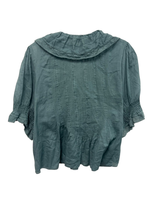 Doen Size S Slate Teal Green Cotton Pintuck Pleats Lace Trim Button Front Top Slate Teal Green / S