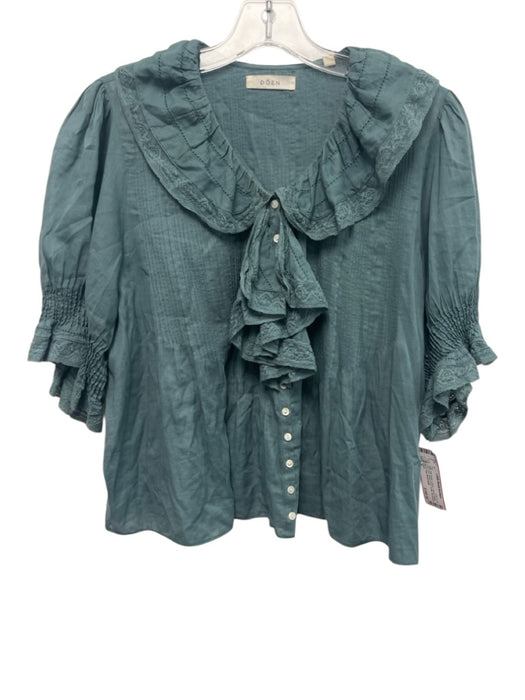 Doen Size S Slate Teal Green Cotton Pintuck Pleats Lace Trim Button Front Top Slate Teal Green / S