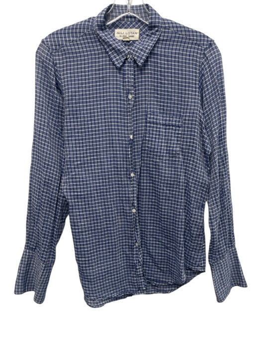 Nili Lotan Size S Blue & White Cotton Grid Checked Long Sleeve Button up Top Blue & White / S