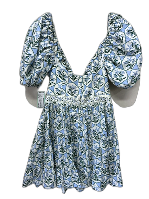 Agua by Agua Bendita Size XS Blue, Green, White Cotton Short Puff Sleeve Dress Blue, Green, White / XS