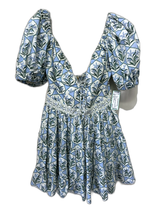 Agua by Agua Bendita Size XS Blue, Green, White Cotton Short Puff Sleeve Dress Blue, Green, White / XS