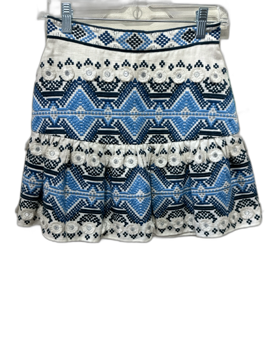 Alexis Size XS Blue, Navy, White Linen & Cotton Embroidered Geometric Mini Skirt Blue, Navy, White / XS