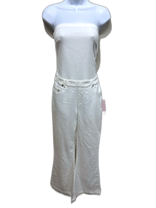 SER.O.YA Size L White Cotton Blend Zip Up Flare Leg Strapless Denim Jumpsuit White / L