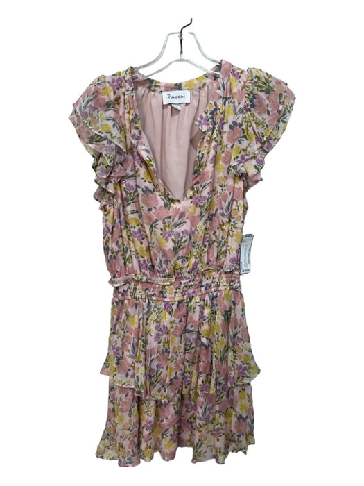 Yumi Kim Size L Pink & Multi Viscose Floral Round Split Neck Elastic Waist Dress Pink & Multi / L