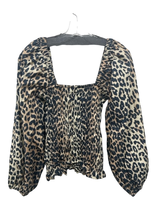 Ganni Size 36 Beige & Brown Cotton Animal Print Square Neck Puff Long Sleeve Top Beige & Brown / 36