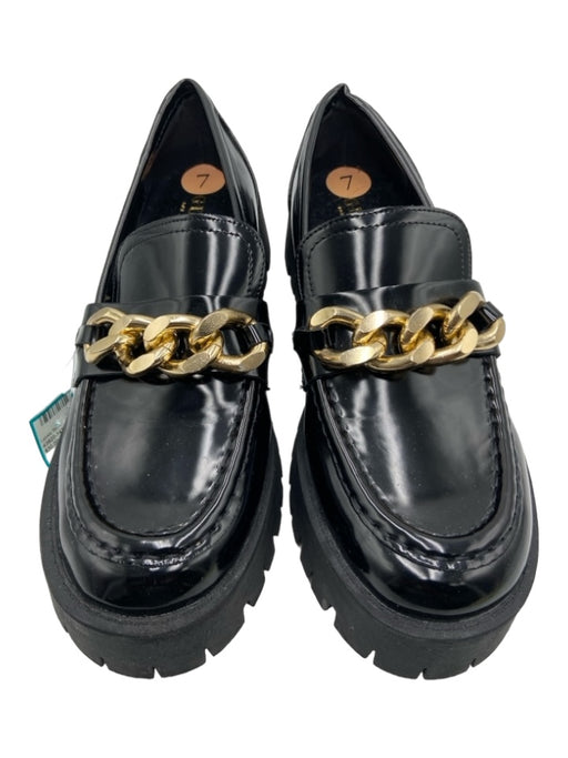 Guess Shoe Size 7 Black & Gold Faux Leather round toe Chain Detail Loafers Black & Gold / 7