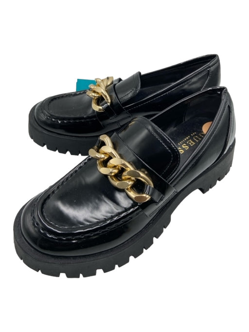 Guess Shoe Size 7 Black & Gold Faux Leather round toe Chain Detail Loafers Black & Gold / 7