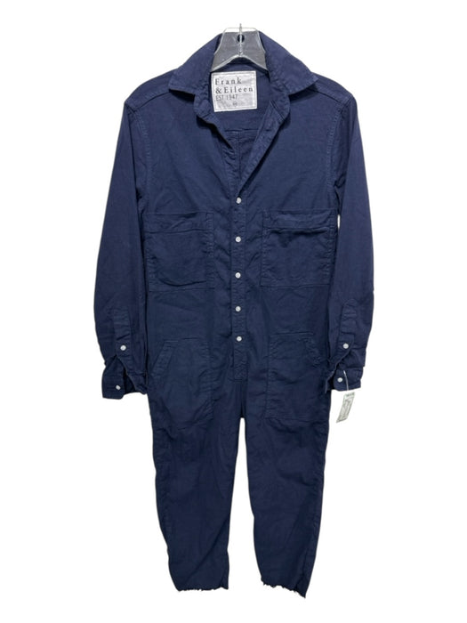 Eileen Fisher Size XXS Navy Blue Cotton Blend Long Sleeve Button Front Jumpsuit Navy Blue / XXS