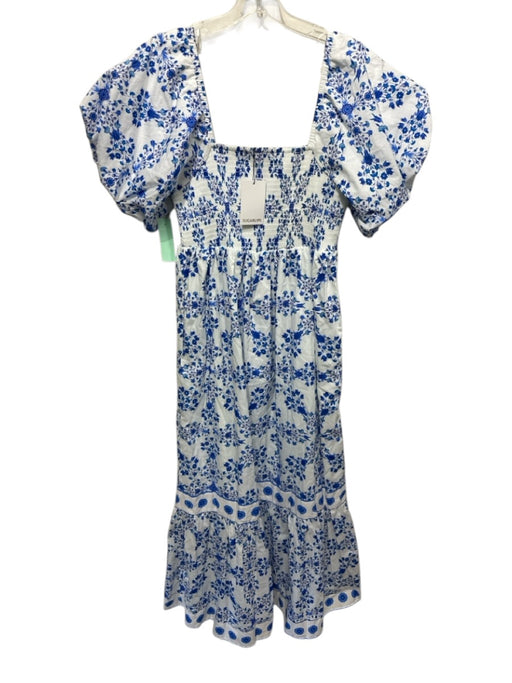 Sugarlips Size M White & Blue Cotton Short Puff Sleeve Floral Shirred Top Dress White & Blue / M