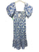 Sugarlips Size M White & Blue Cotton Short Puff Sleeve Floral Shirred Top Dress White & Blue / M