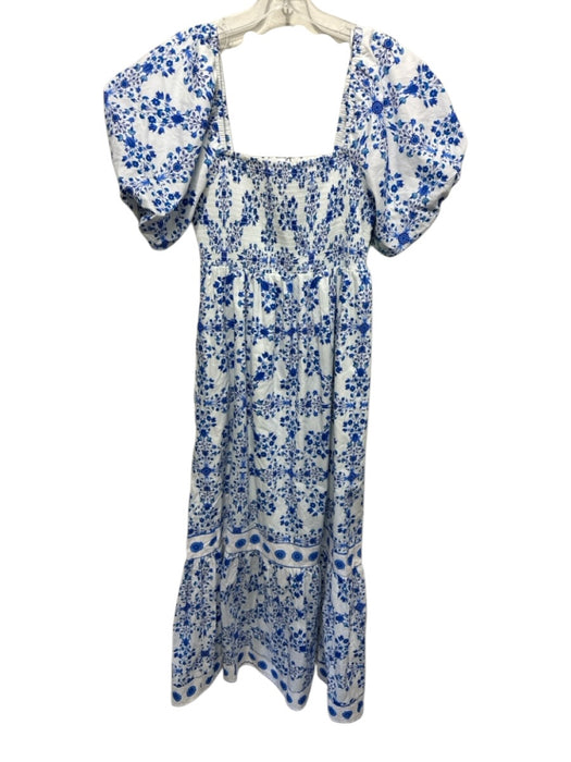 Sugarlips Size M White & Blue Cotton Short Puff Sleeve Floral Shirred Top Dress