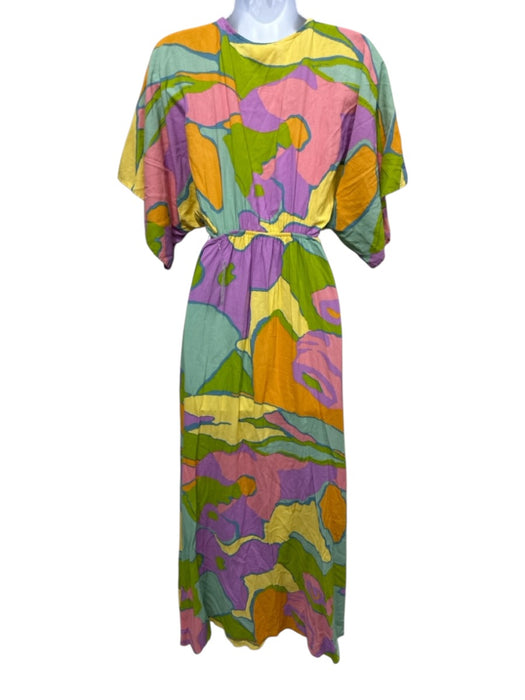 Mumu Size M Pink, Green & Yellow Cotton & Rayon Side Cut Out Circle V Neck Dress Pink, Green & Yellow / M