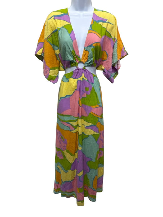 Mumu Size M Pink, Green & Yellow Cotton & Rayon Side Cut Out Circle V Neck Dress Pink, Green & Yellow / M