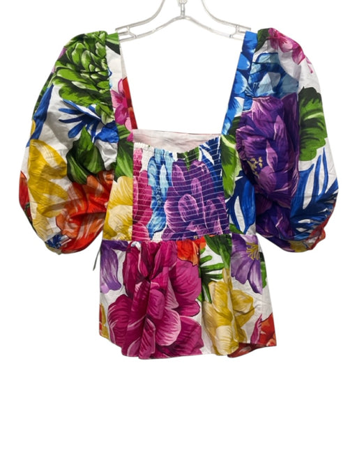 Farm Rio Size S Red, Blue & Green Cotton Short Balloon Sleeve Floral Top Red, Blue & Green / S