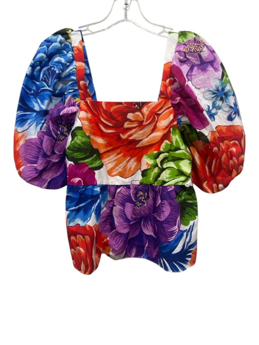 Farm Rio Size S Red, Blue & Green Cotton Short Balloon Sleeve Floral Top Red, Blue & Green / S