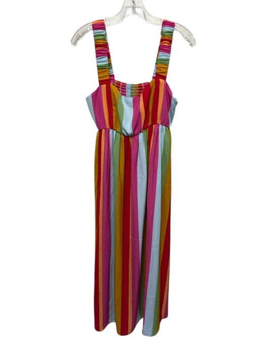 Mumu Size L Red, Orange & Pink Polyester Sleeveless Vertical Stripes Maxi Dress Red, Orange & Pink / L