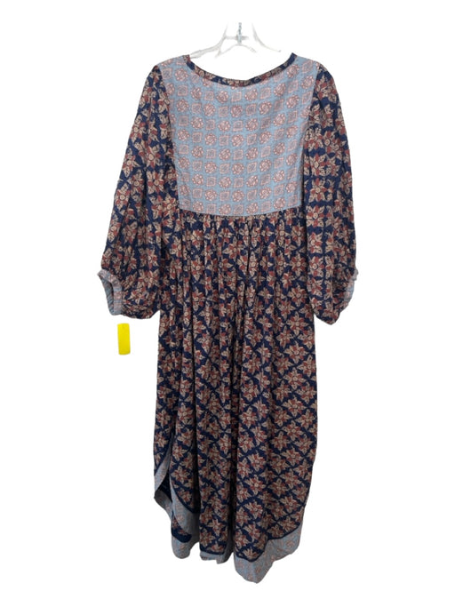 Free People Size S Navy & Beige Cotton Blend Floral Round Split Neck Midi Dress Navy & Beige / S