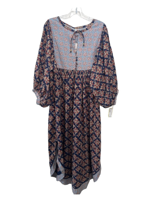 Free People Size S Navy & Beige Cotton Blend Floral Round Split Neck Midi Dress Navy & Beige / S