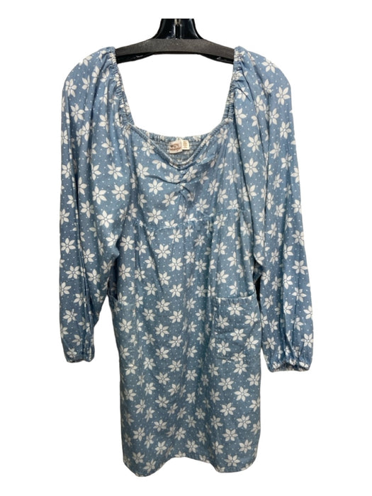 Wrangler Size L Blue & White Cotton Floral Square Neck Long Sleeve Mini Dress Blue & White / L