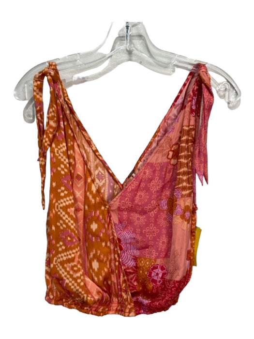 Free People Size XS Pink & Orange Polyester Tie Shoulder V Neck & Back Top Pink & Orange / XS