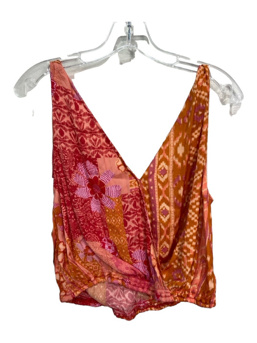 Free People Size XS Pink & Orange Polyester Tie Shoulder V Neck & Back Top Pink & Orange / XS