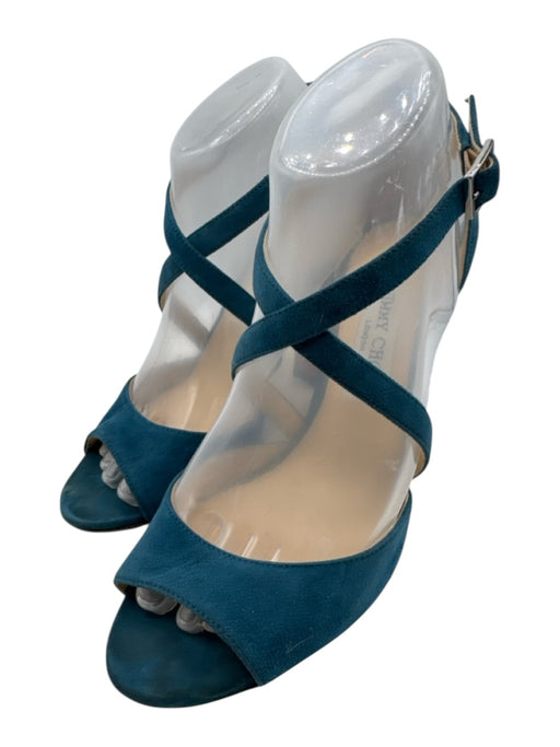 Jimmy Choo Shoe Size 39 Teal Blue Suede Ankle Buckle Peep Toe D'orsay Sandals Teal Blue / 39