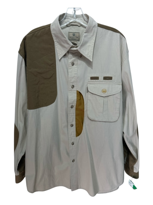 Beretta Size L Beige & Tan Print Synthetic Two Tone Button Up Long Sleeve Shirt Beige & Tan Print / L
