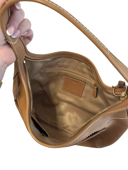 Coach Brown Leather Gold Tone Hardware Top Handle Zip Close Stitch detail Bag Brown / M