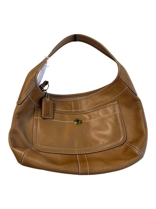 Coach Brown Leather Gold Tone Hardware Top Handle Zip Close Stitch detail Bag Brown / M