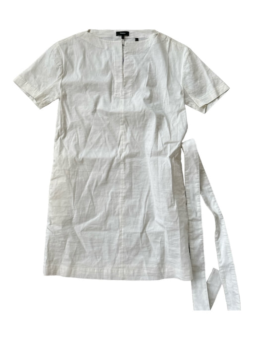 Theory Size 2 White Linen Blend Short Sleeve V Neck Belted Dress White / 2