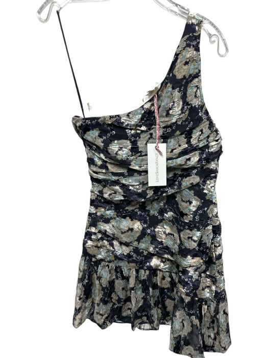 Loveshackfancy Size 6 Navy Blue & Beige Viscose & Silk One Shoulder Ruched Dress Navy Blue & Beige / 6