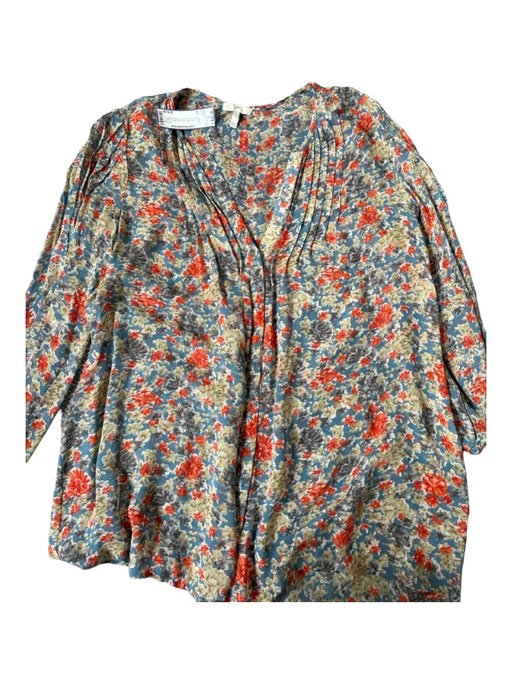 Joie Size S Blue & Red Print Silk floral print Long Sleeve Pleated Front Top Blue & Red Print / S