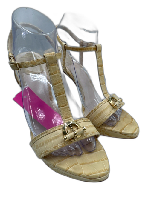 Christian Dior Shoe Size 38.5 Cream & Tan Leather Croc Embossed T-Strap Sandals Cream & Tan / 38.5
